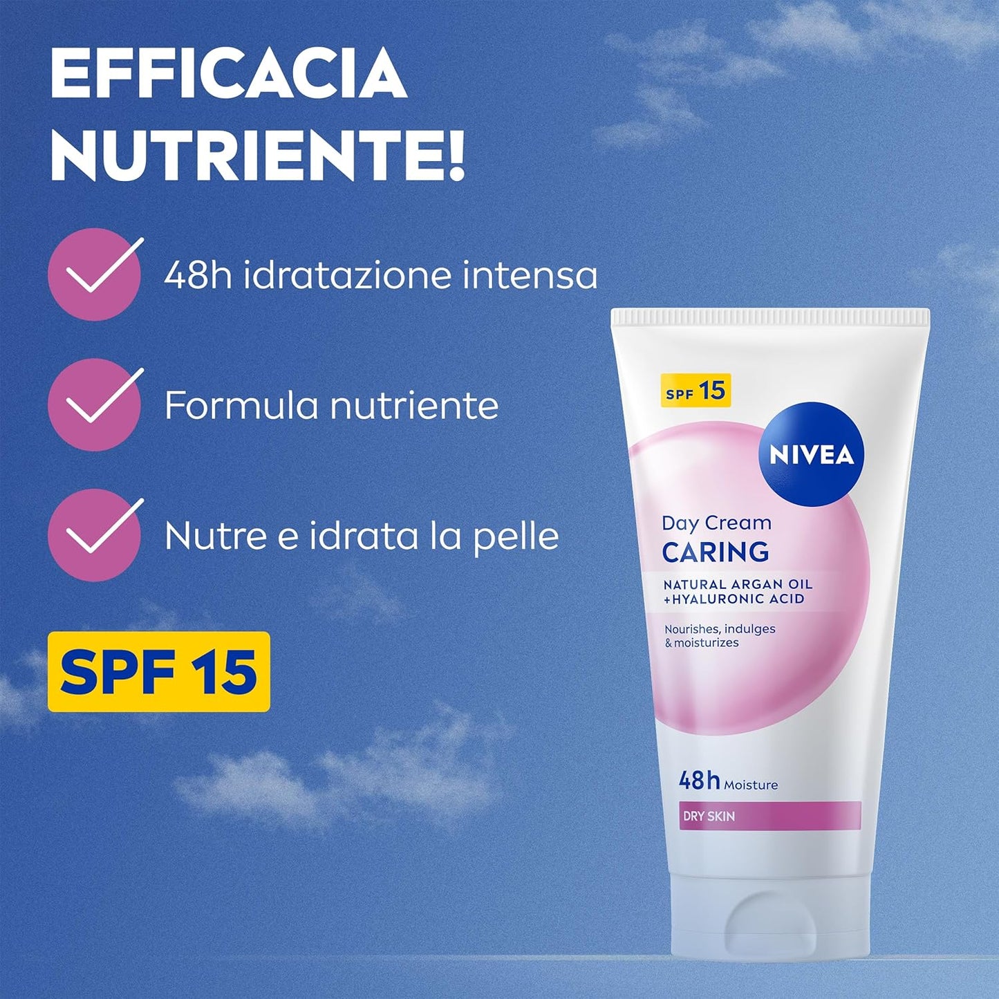 Nivea Crema Viso Giorno Nutriente SPF 15 50 ml – Per Pelle Secca con Olio di Argan e Acido Ialuronico