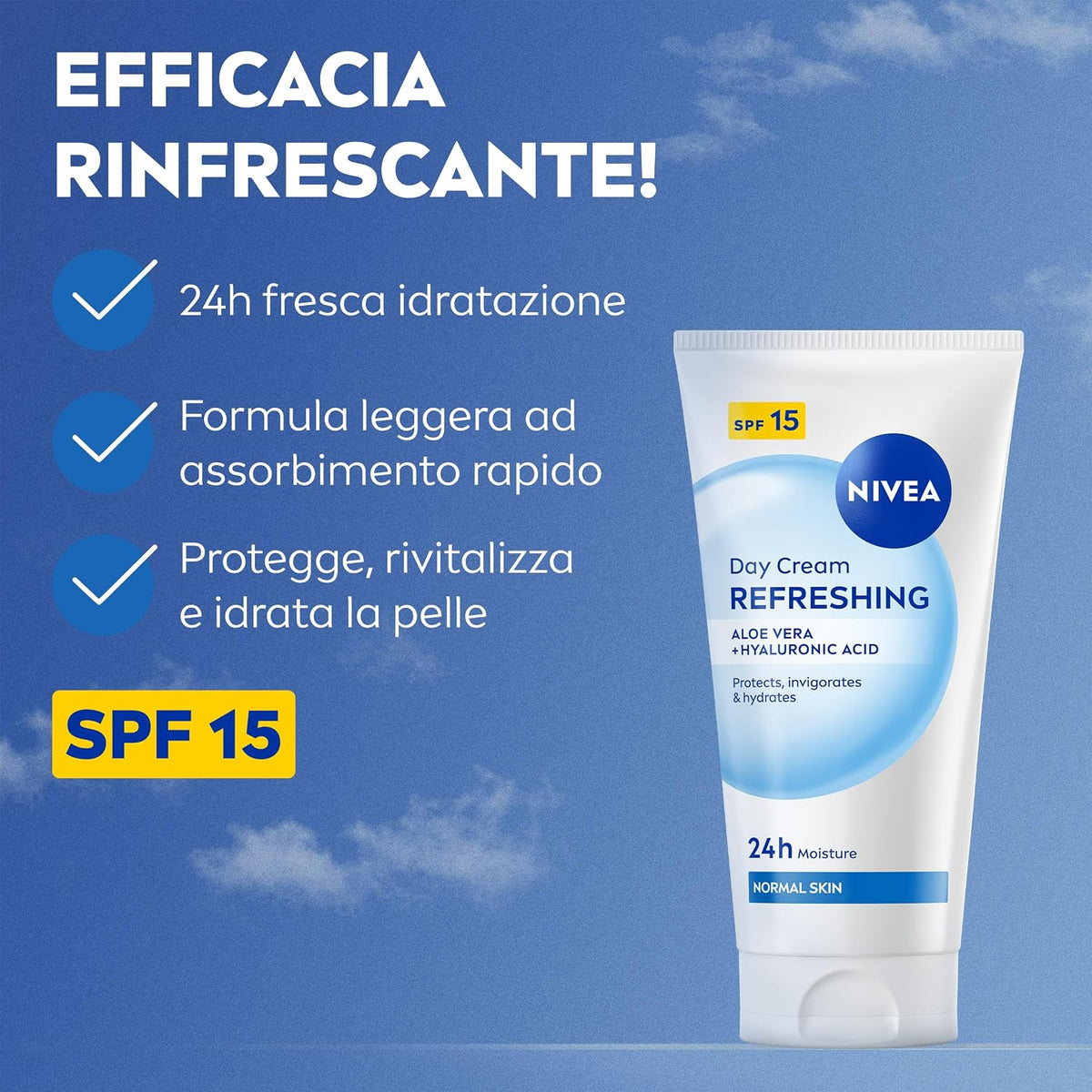 Nivea Crema Giorno Rinfrescante Aloe Vera Acido Ialuronico SPF15 Pelle Normale – Idratazione 24H Anti-Fotoinvecchiamento