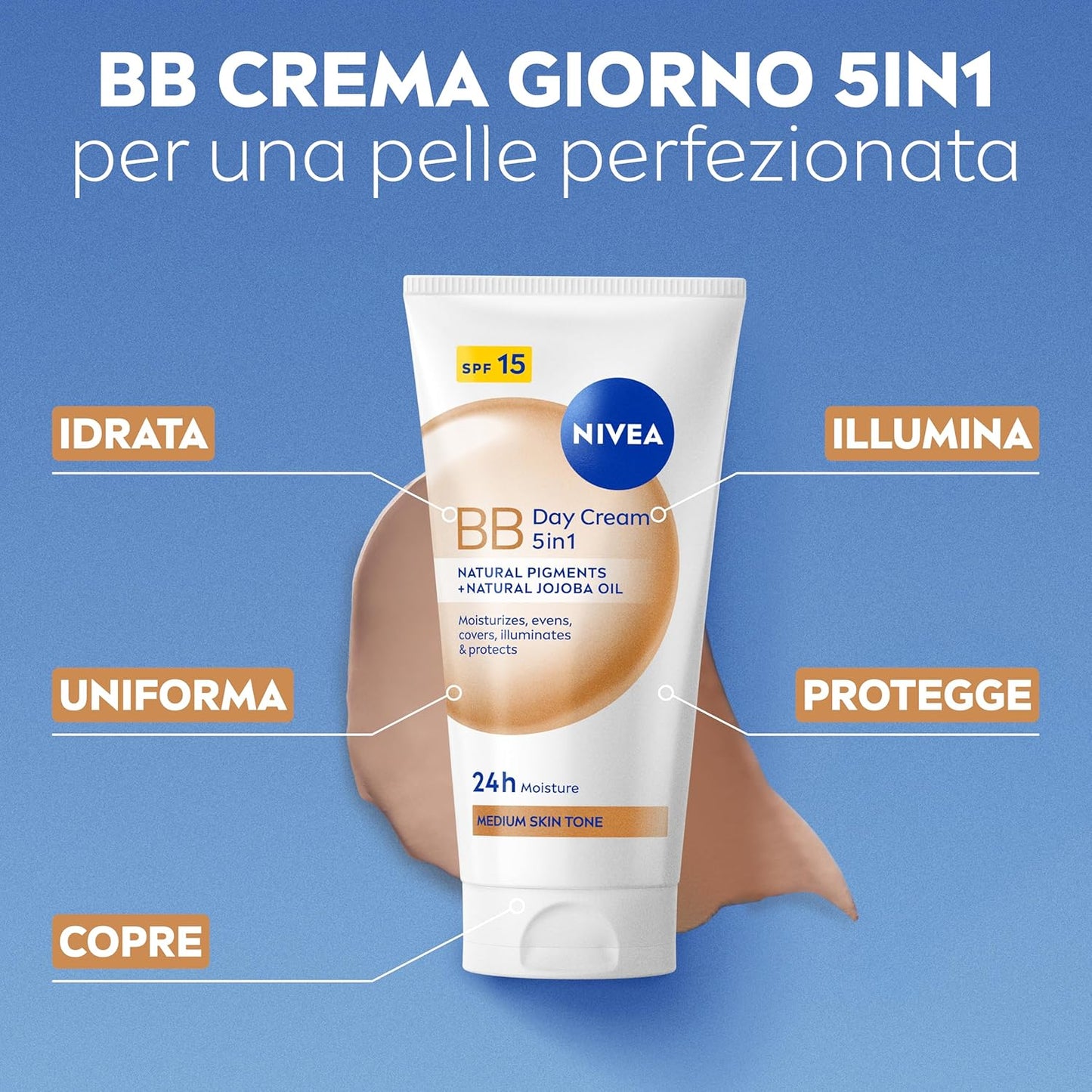 Nivea BB Cream 5in1 Super Idratante 24H Dorata (50ml) – Crema Giorno Viso SPF15 con Olio di Jojoba Bio e Pigmenti Illuminanti