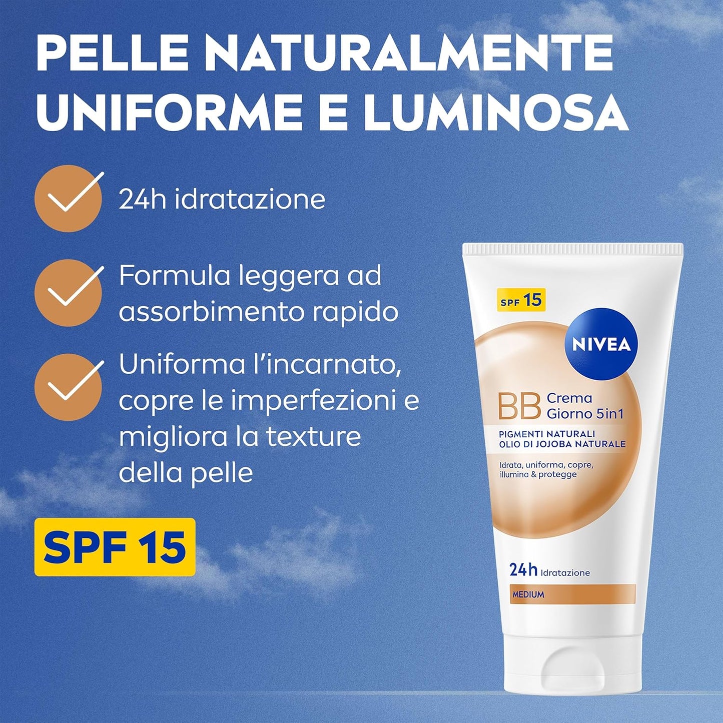 Nivea BB Cream 5in1 Super Idratante 24H Dorata (50ml) – Crema Giorno Viso SPF15 con Olio di Jojoba Bio e Pigmenti Illuminanti