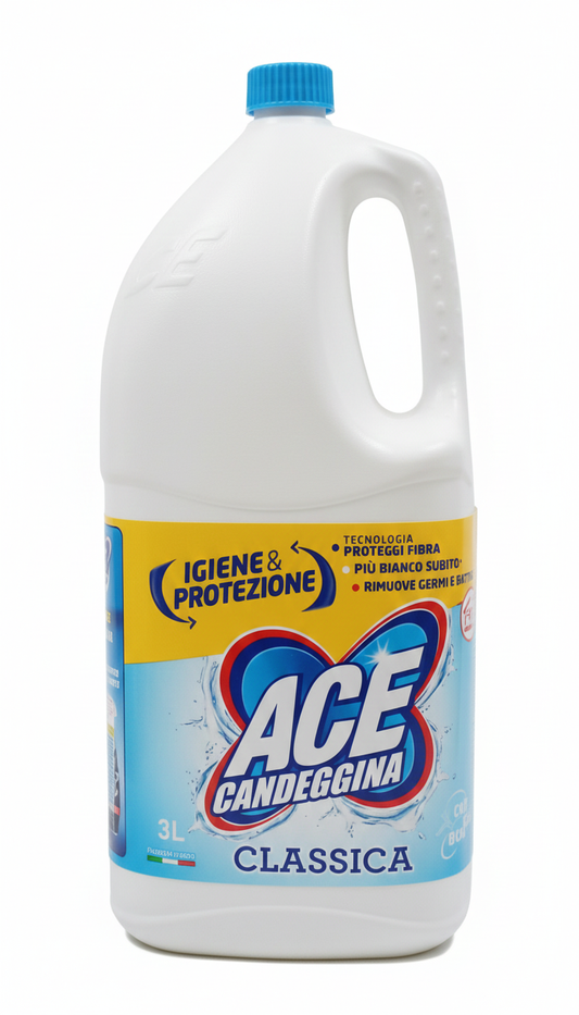 ACE Candeggina Classica 3 Litri – Formato Scorta Famiglia – Igienizzante Profondo Casa e Bucato – Tecnologia Proteggi-Fibra – Rimuove oltre il 90% degli Allergeni