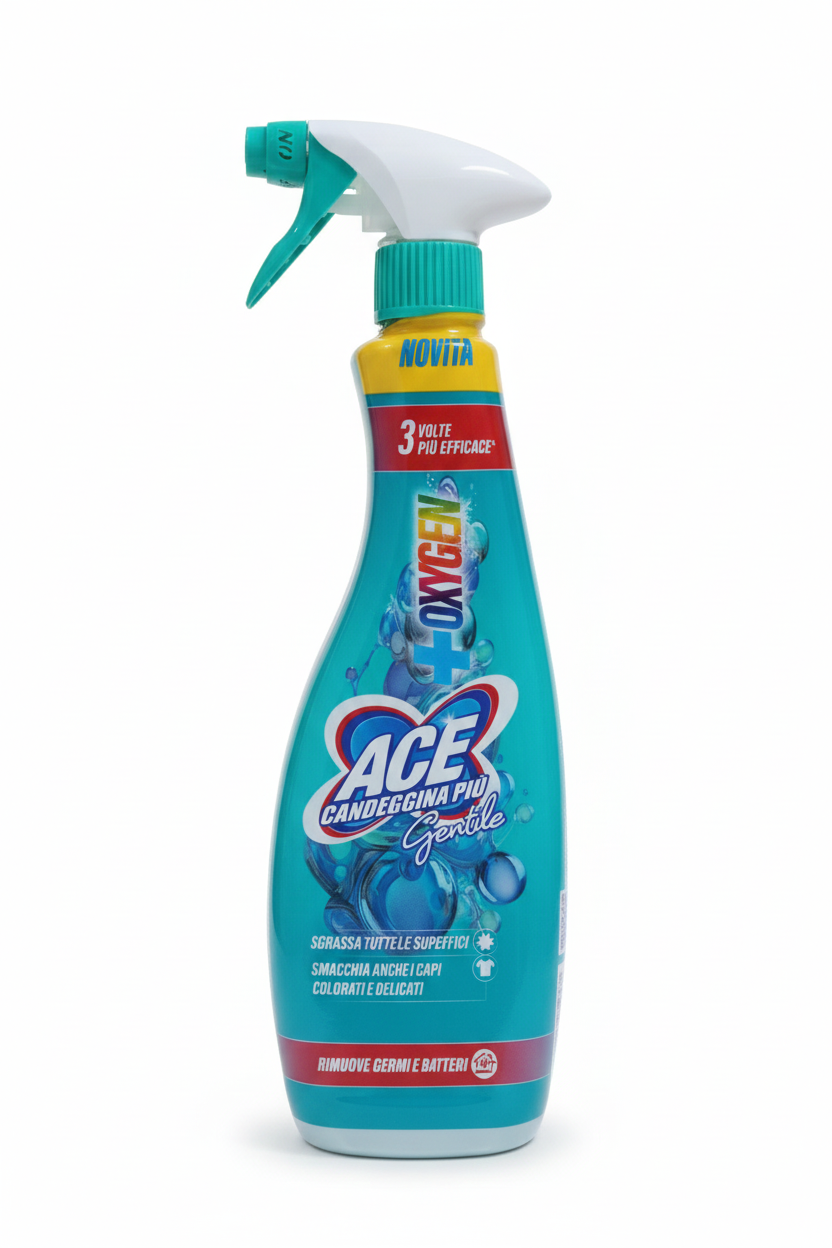 ACE Candeggina Più Gentile Spray OXYGEN 650 ml – Novità 3x Più Efficace – Rimuove Germi, Batteri e Macchie – Sicura su Capi Colorati