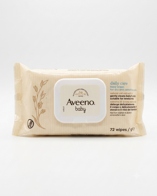 Salviettine Aveeno Baby 72 pezzi con avena naturale e aloe, ideali per detergere viso e corpo dei neonati con pelle sensibile, azione lenitiva e idratante.