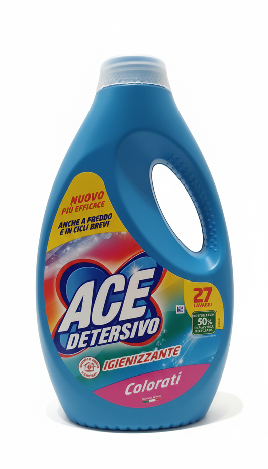 Ace Detersivo Liquido Igienizzante Colorati 1350 ml, fino a 27 lavaggi, rimuove macchie e germi, protegge i colori brillanti ed è efficace anche a basse temperature.