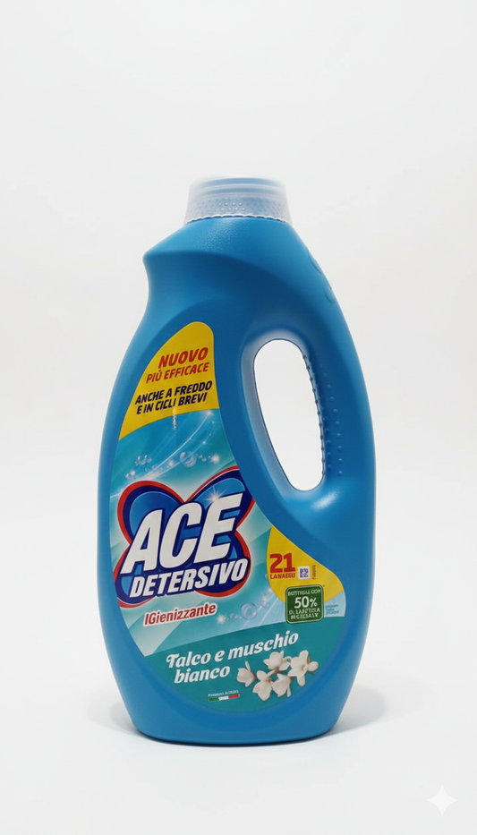 Ace Detersivo Liquido Lavatrice Talco e Muschio Bianco 1050 ml | 21 Lavaggi | Azione Smacchiante e Protezione Fibre | Pulizia Profonda ed Efficace a Freddo
