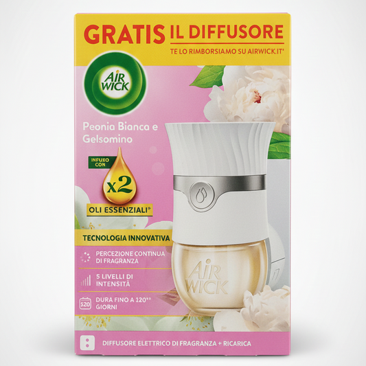 Air Wick Diffusore Elettrico + Ricarica 19 ml | Peonia Bianca e Gelsomino con Oli Essenziali Naturali | Fino a 120 Giorni di Fragranza Continua | Intensità Regolabile e Design Elegante
