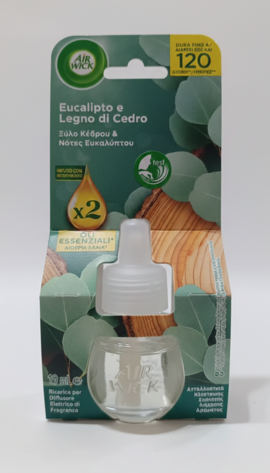 Air Wick Ricarica Diffusore Elettrico 19 ml | Eucalipto e Legno di Cedro con Oli Essenziali Naturali | Fino a 120 Giorni di Freschezza Balsamica | Profumazione Continua Rigenerante
