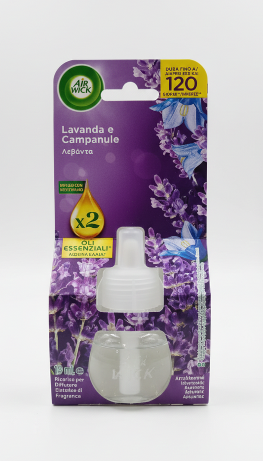 Air Wick Ricarica Diffusore Elettrico 19 ml | Lavanda e Campanule con Oli Essenziali Naturali | Fino a 120 Giorni di Fragranza | Diffusione Continua e Rilassante