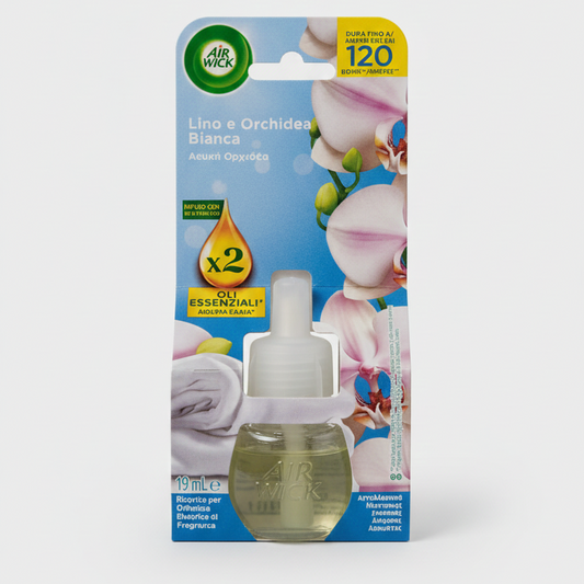 Air Wick Ricarica Diffusore Elettrico 19 ml | Lino e Orchidea Bianca con Oli Essenziali Naturali | Fino a 120 Giorni di Freschezza Continua | Profumazione Effetto Bucato Pulito