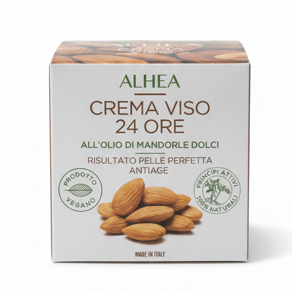 ALHEA Crema Viso 24 Ore Mandorle Dolci 50ml | Trattamento Anti-Età e Idratante Profondo | Con Acido Ialuronico, Tè Verde e Vitamina E | Prodotto Vegano Made in Italy