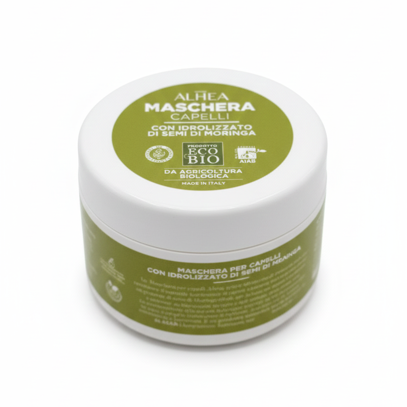 ALHEA Maschera Capelli Eco Bio 250ml | Con Idrolizzato di Moringa Biologica e Burro di Karité | Azione Rigenerante e Protettiva | Certificato AIAB e Vegan OK | Ideale per Capelli Stressati