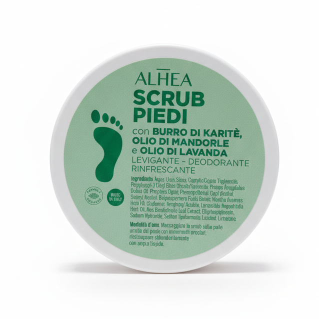 ALHEA Scrub Piedi 100 ml levigante e rinfrescante con burro di karité, olio di mandorle e lavanda.