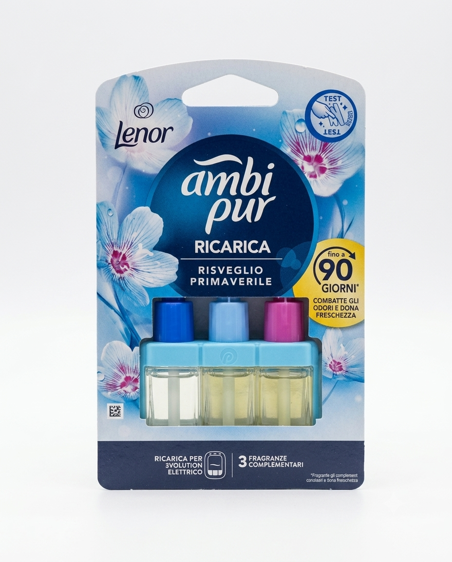 Ambi Pur 3Volution ricarica diffusore elettrico Risveglio Primaverile Lenor 20 ml elimina odori e freschezza di bucato fino a 90 giorni.