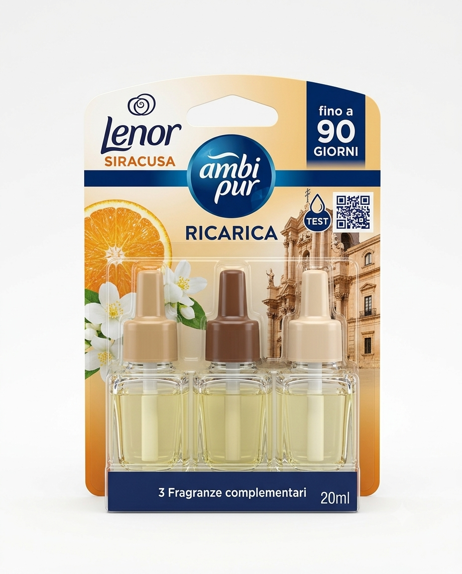 Ambi Pur 3Volution ricarica diffusore elettrico Tramonto di Siracusa Lenor 20 ml elimina odori e freschezza mediterranea fino a 90 giorni.
