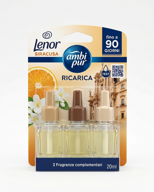 Ambi Pur 3Volution ricarica diffusore elettrico Tramonto di Siracusa Lenor 20 ml elimina odori e freschezza mediterranea fino a 90 giorni.