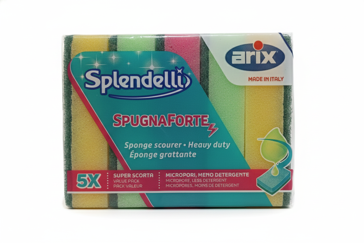 Arix Splendelli SpugnaForte 5 Pezzi | Spugna Abrasiva per Piatti e Stoviglie | Formato Famiglia Maxirisparmio | Alta Assorbenza e Qualità Italiana