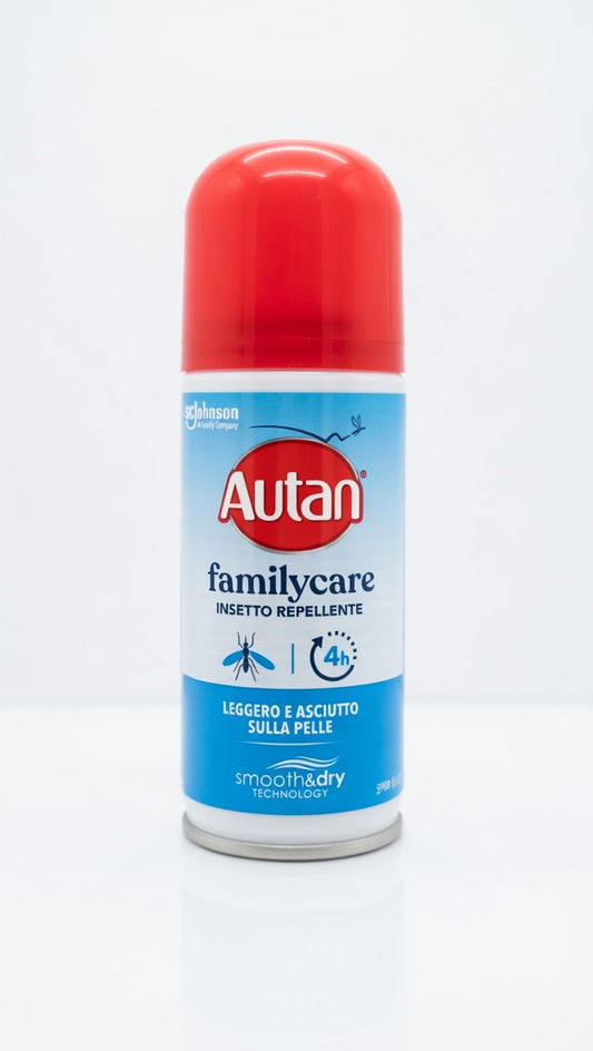 Autan Family Care Spray Secco 100ml | Repellente Insetti Non Untuoso con Amido di Mais | Protezione 4 Ore per Tutta la Famiglia