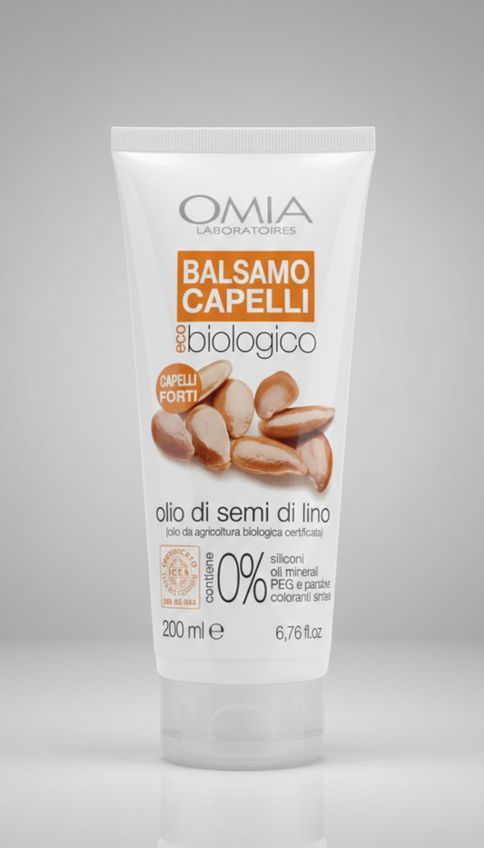 Omia Balsamo Capelli Olio di Semi di Lino Bio 200 ml, ristrutturante e rinforzante per capelli fragili e sfibrati.