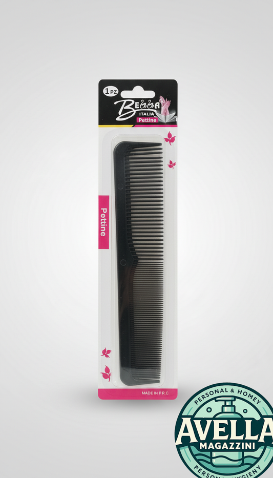 Bella Italia Pettine Nero Professionale Art. 10072, pettine lungo 4,6x22 cm con doppia dentatura fitta e larga, ideale per districare i capelli, sezionare le ciocche durante lo styling e applicare uniformemente trattamenti e maschere, adatto per uso professionale e domestico.