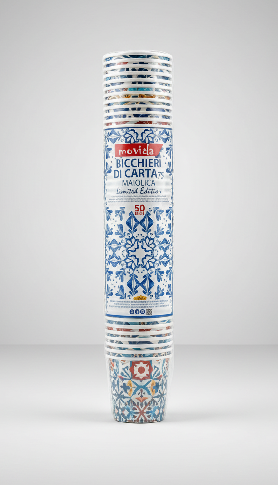 Bicchieri Caffè in Carta Movida 75ml | 50 Pezzi | Design Maiolica Limited Edition | Ideale per Espresso, Catering ed Eventi Eleganti