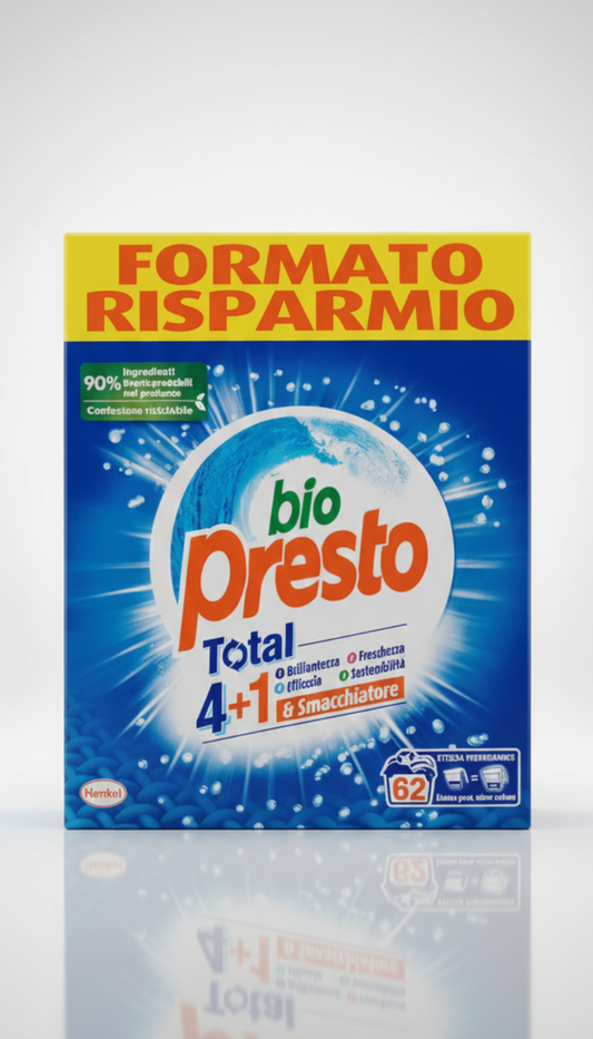 Bio Presto Total 4+1 Detersivo Lavatrice in Polvere | 62 Misurini (2,79 kg) | Azione Smacchiante Profonda, Brillantezza e Freschezza | Efficace a Basse Temperature