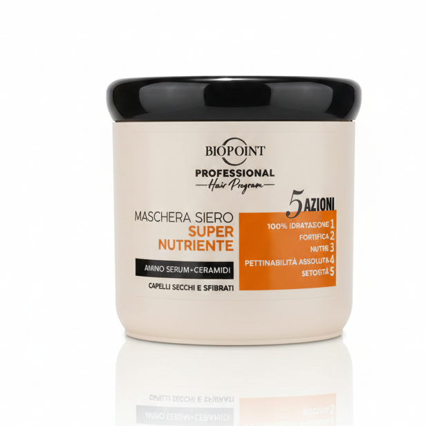 Biopoint Maschera Siero Super Nutriente 400ml con amino serum, ceramidi e olio di camelia, trattamento intensivo per idratazione profonda, nutrizione e capelli più morbidi e districati.