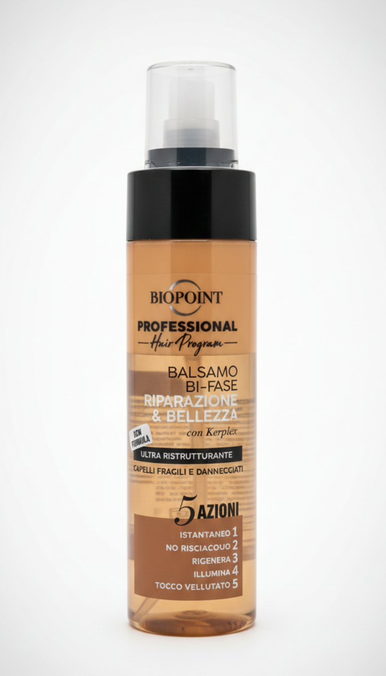 Biopoint Balsamo Bi-Fase Riparazione & Bellezza 200 ml, spray senza risciacquo con cheratina e olio di argan, trattamento districante che aiuta a riparare la fibra capillare, ridurre il crespo e donare morbidezza, lucentezza e protezione ai capelli.