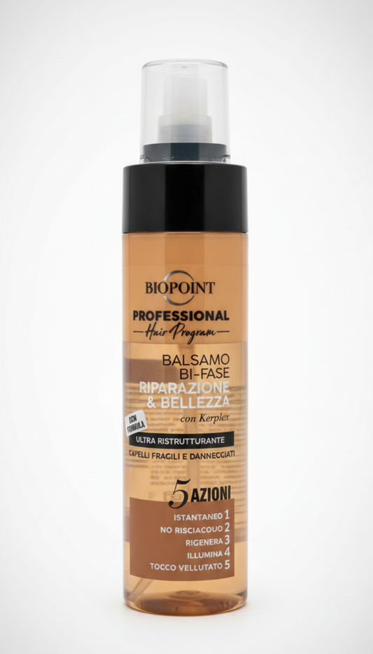 Biopoint Balsamo Bi-Fase Riparazione & Bellezza 200 ml, spray senza risciacquo con cheratina e olio di argan, trattamento districante che aiuta a riparare la fibra capillare, ridurre il crespo e donare morbidezza, lucentezza e protezione ai capelli.