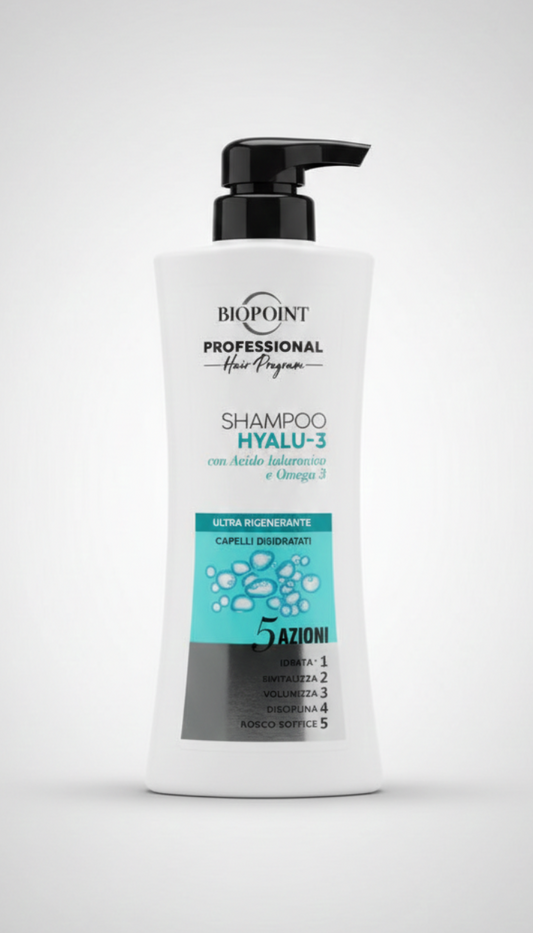 Biopoint Professional Shampoo Hyalu-3 400ml con acido ialuronico e Omega 3, idratazione 72h e azione volumizzante per capelli secchi e disidratati.