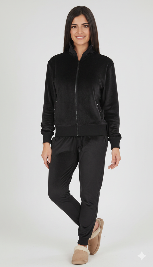 Nazareno Gabrielli Tuta Donna Freetime in Velluto – Caldissima, Zip, Taglie Calibrate (Nero / Grigio Perla)