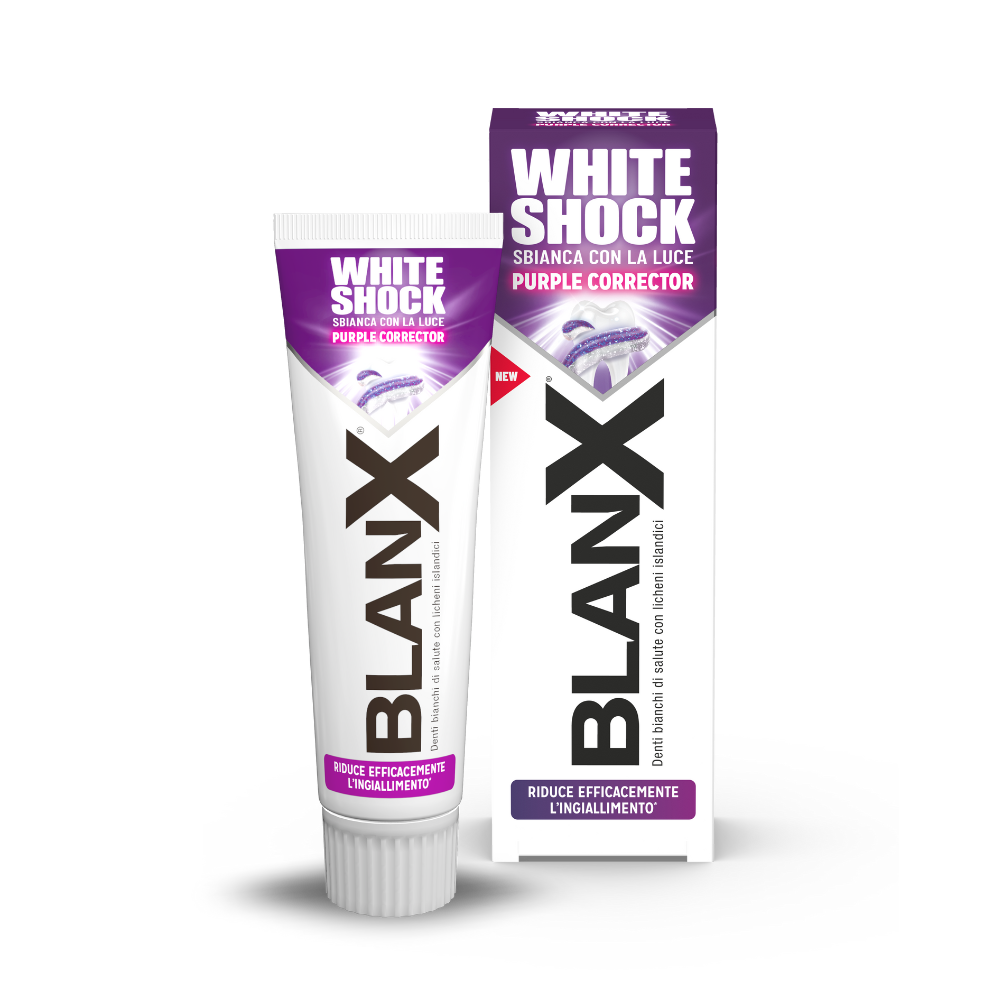 BlanX White Shock Purple Corrector 75ml – Dentifricio Sbiancante Correttore del Colore – Tecnologia ActiluX® – Neutralizza Giallo e Ingiallimento
