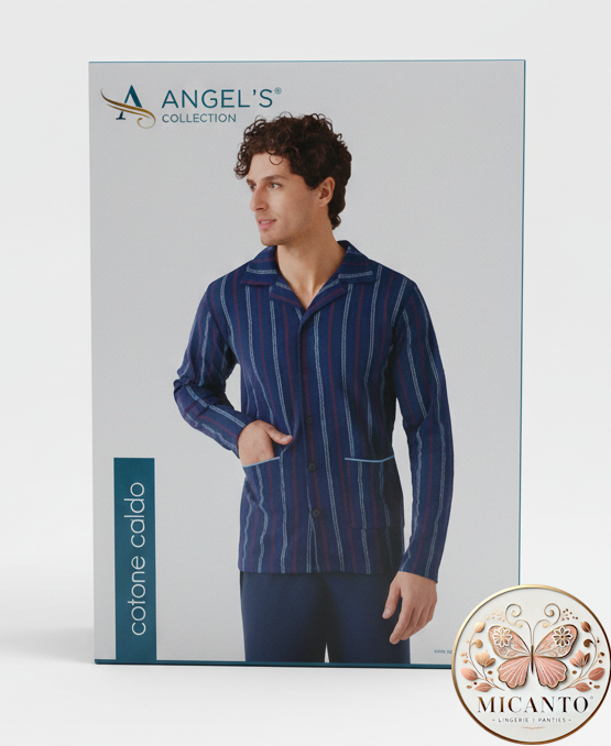 Angel's Collection Pigiama Uomo Invernale | Cotone Caldo Interlock, Fantasia a Righe, Blu/Plum