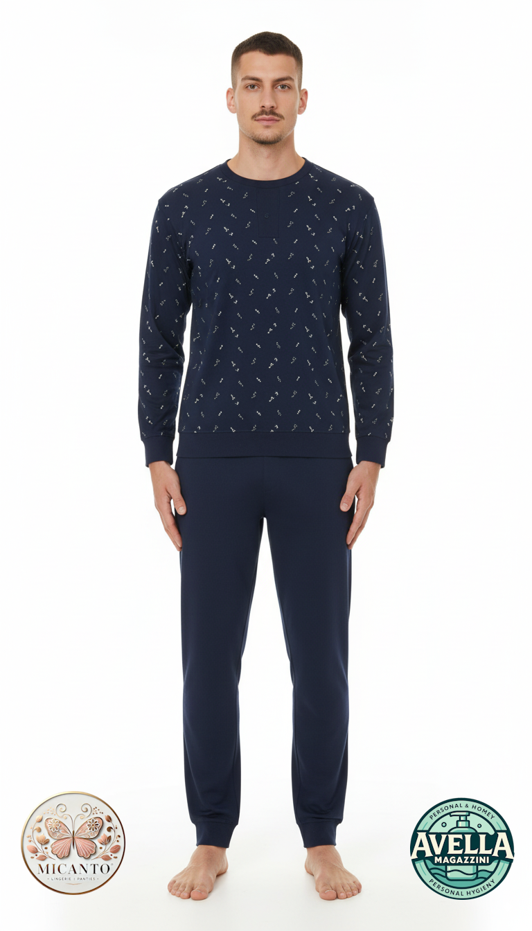 Reliable Pigiama Uomo "Amedeo" in Caldo Cotone | Maniche Lunghe, Fantasia Sobria & Pantaloni Abbinati | Invernale | Include Calzini | Blu/Antracite