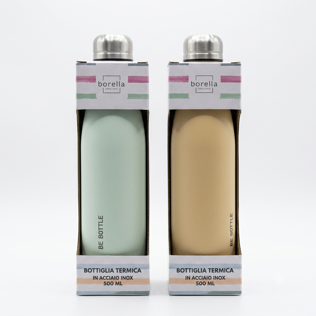 Borraccia Termica 500 ml in acciaio inox 304, con doppia parete sottovuoto, mantiene le bevande fredde fino a 24 ore o calde fino a 12 ore, con tappo ermetico anti-perdita.