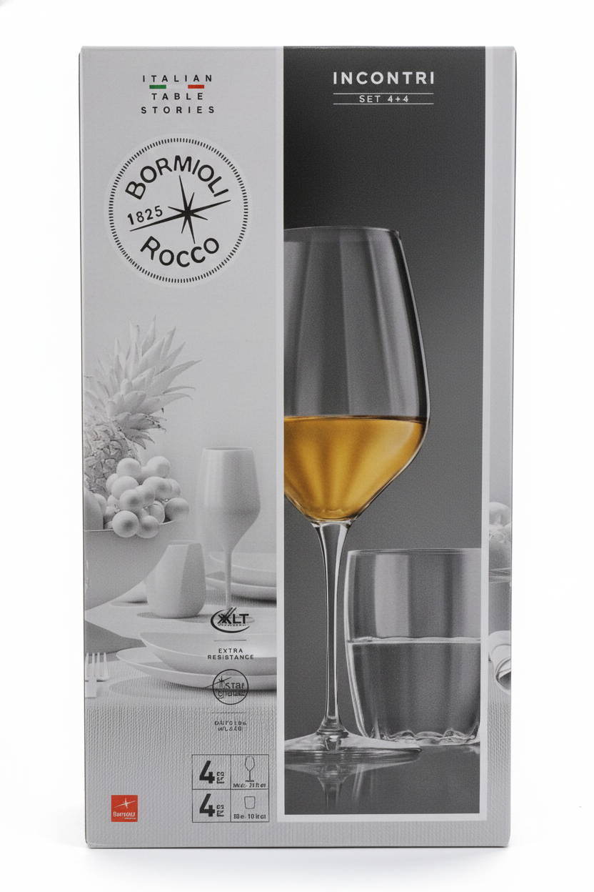 Bormioli Rocco Set 8 Pezzi Serie Incontri | 4 Calici Vino + 4 Bicchieri Acqua | Vetro Star Glass con Righe Verticali – Eleganza Tavola Made in Italy