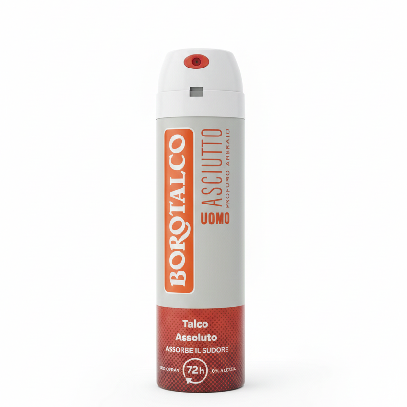 Borotalco Uomo Deodorante Spray Asciutto 150ml | Fragranza Ambrata Sofisticata | Protezione 72H Extra-Asciutta | Formula Talco Assoluto | 0% Alcool | Pelle Fresca e Protetta