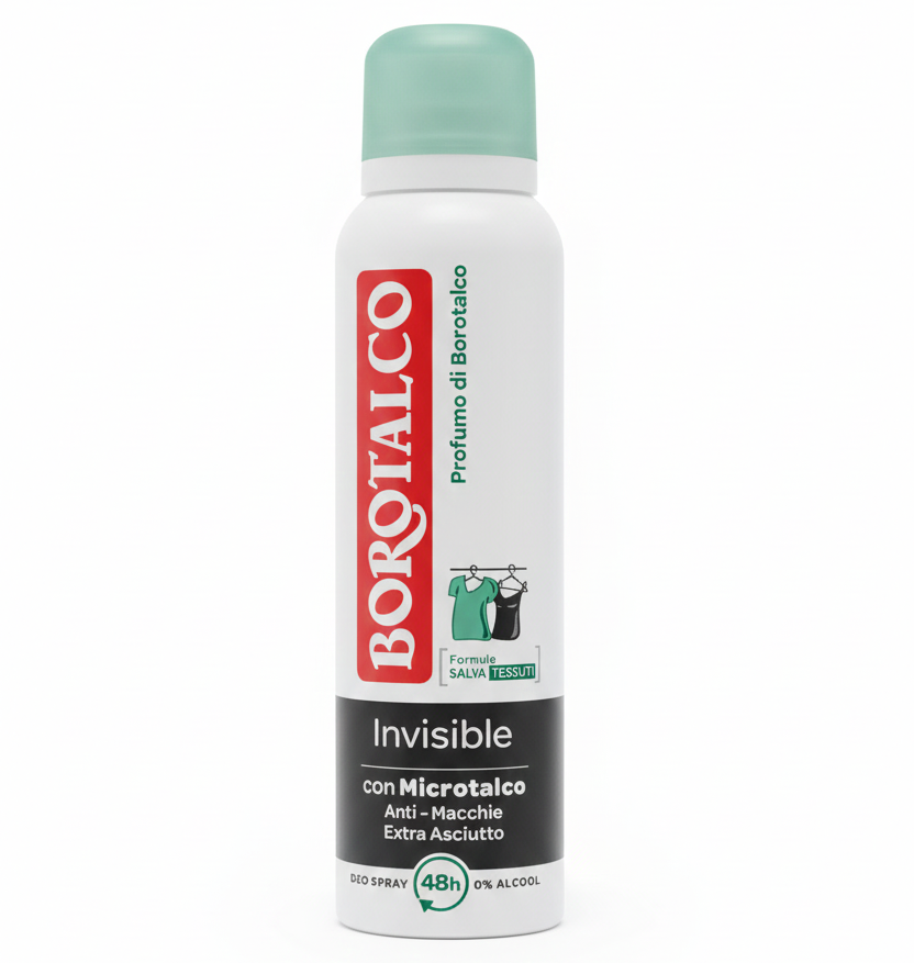 Deodorante spray Borotalco Invisible 150 ml salva tessuti con microtalco, protezione 48h, anti-macchia e 0% alcool.