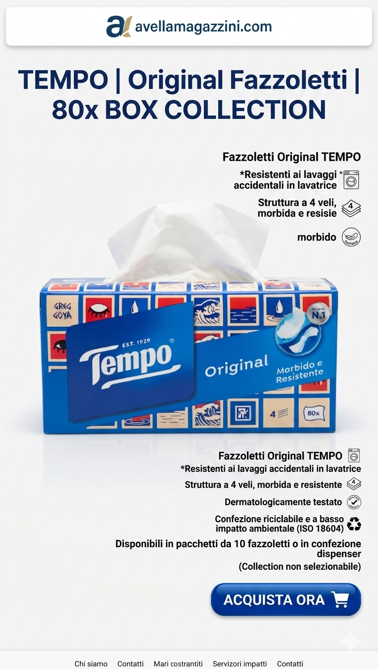 Tempo Original Box Collection 80 Fazzoletti | 4 Veli Alta Resistenza | Resistenti al Lavaggio in Lavatrice | Scatola Dispenser Design Collection