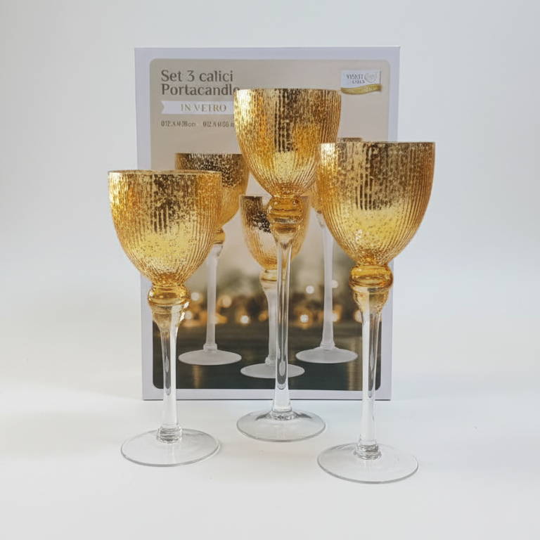 Set 3 Calici Portacandele in Vetro Alto – Finitura Oro Glitter (o Argento) Lusso Centrotavola (H 30-40 cm)