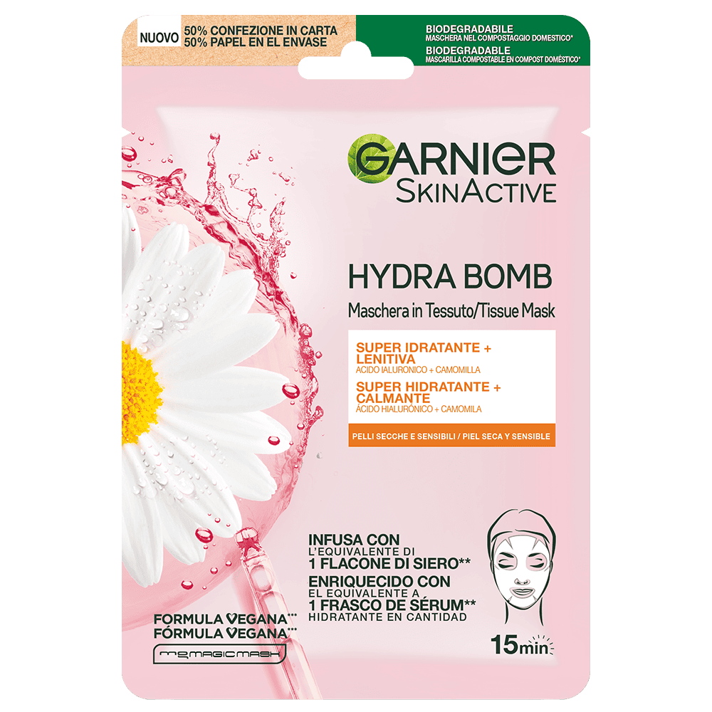 Garnier Hydra Bomb Maschera in Tessuto Super Idratante e Lenitiva – Con Acido Ialuronico e Camomilla – Per Pelli Secche e Sensibili – 32g