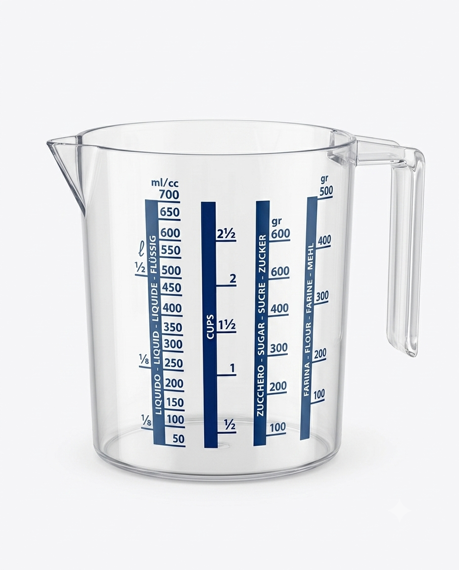 Caraffa graduata Cosmoplast 750 ml trasparente con misure per liquidi e solidi, manico ergonomico e beccuccio antigoccia.