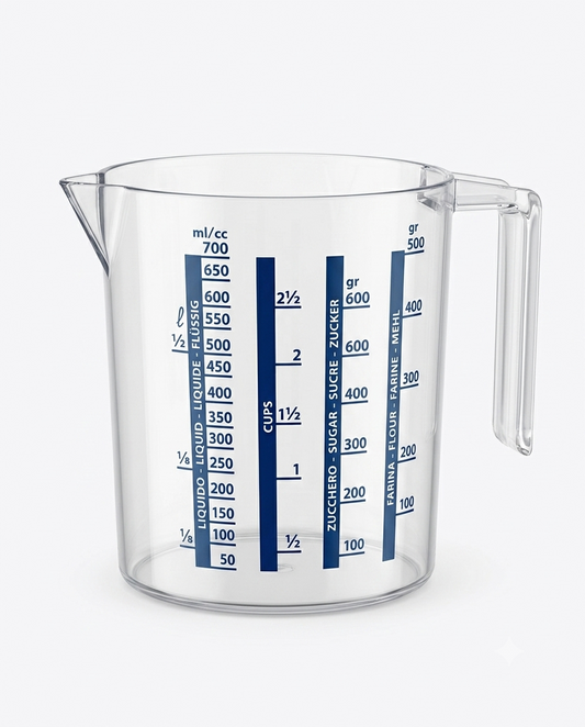 Caraffa graduata Cosmoplast 750 ml trasparente con misure per liquidi e solidi, manico ergonomico e beccuccio antigoccia.