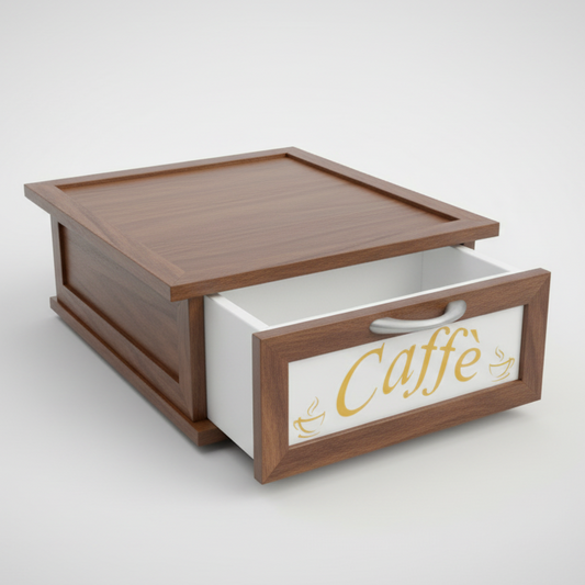 Cassetto Porta Cialde Caffè 36x30x14,5 cm – Effetto Noce – Organizer Salvaspazio 2-in-1 con Cassetto Estraibile e Maniglia Cromata
