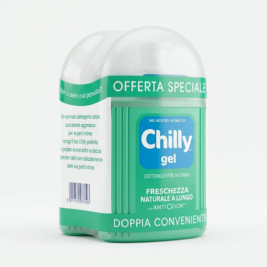 Chilly Gel Detergente Intimo Freschezza Naturale 2×200 ml, bipack da 400 ml con mentolo naturale e molecola anti-odor, per freschezza intensa e prolungata, rispettoso del pH naturale, per uso quotidiano e testato sotto controllo ginecologico.