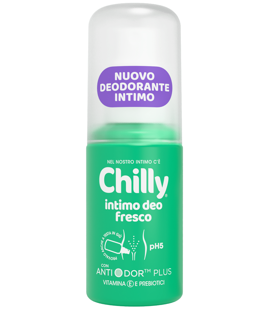 Chilly Intimo Deo Fresco spray applicato dopo detersione, flacone con pompa e testo su freschezza e pH 5