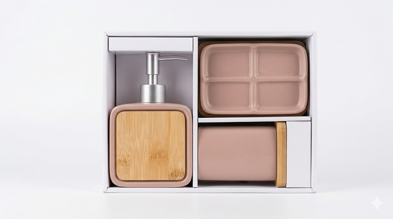 Kasaviva Set Bagno Square 3 Pezzi Shabby | Dosatore Sapone, Porta Spazzolini e Porta Saponetta | Ceramica e Legno di Bamboo | Design Moderno Eco-Chic | 3 Colori Disponibili