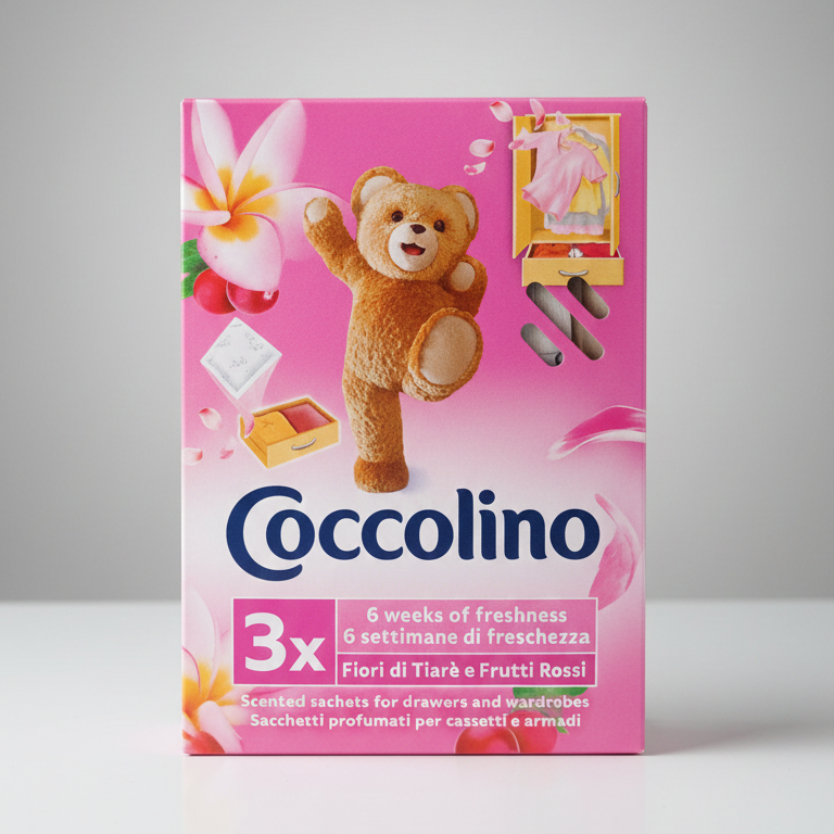 Coccolino Sacchetti Profuma Biancheria Fiori di Tiarè e Frutti Rossi | 3 Pezzi | Fragranza Esotica e Persistente | Tecnologia a Rilascio Graduale per Armadi e Cassetti