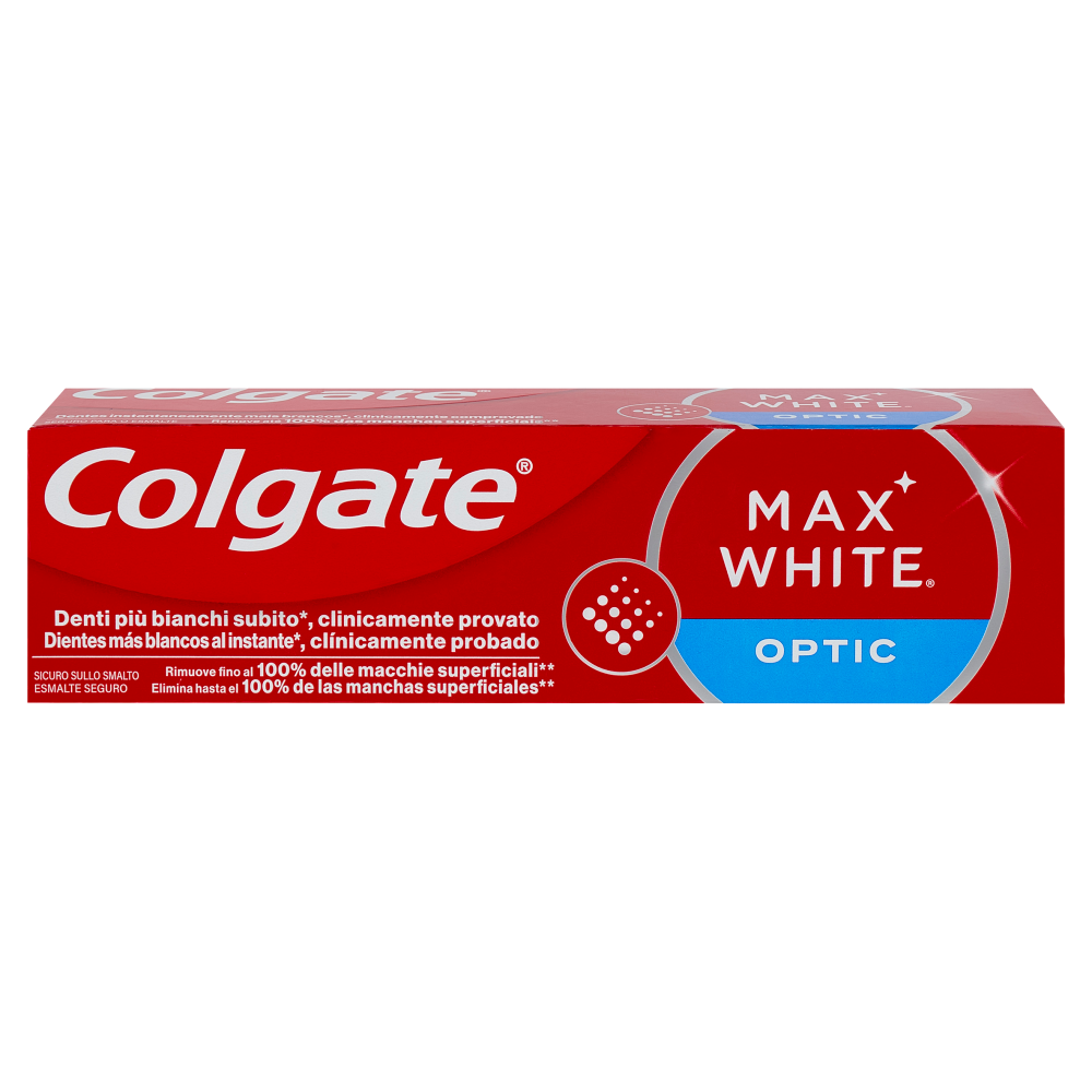 Colgate Max White Optic – Dentifricio Sbiancante Istantaneo – Rimuove fino al 100% delle Macchie Superficiali – Denti Più Bianchi Subito – 75ml