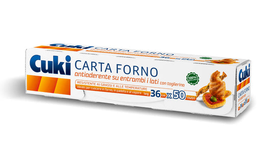 Cuki Carta Forno Antiaderente in Rotolo 50 Metri | Larghezza 36 cm con Taglierina Integrata | 100% Biodegradabile e Compostabile | Resistente fino a 220°C