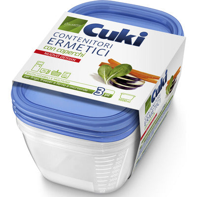 Cuki Contenitori Ermetici Rettangolari con Coperchio | Set 3 Pezzi da 1000ml (1 Litro) | Riutilizzabili: Frigo, Freezer & Microonde